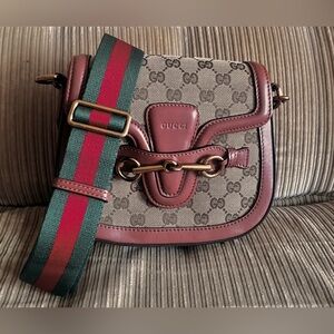 Authentic - Gucci tan GG Canvas and Tan leather Lady Web crossbody bag
